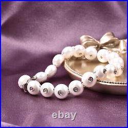 Wedding Gifts 925 Silver Bracelet Pearl Zircon Beads Rhodium Over Size 7.25