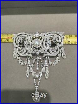 Wedding Pearl brooch With silver and cubic zirconia, victorian Bridal Brooch