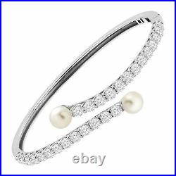 Welry Freshwater Pearl Bypass Bangle Bracelet Cubic Zirconia Sterling Silver