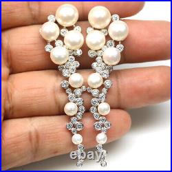 White Pearl & Cubic Zirconia Drop Earrings 925 Sterling Silver White Gold Plated