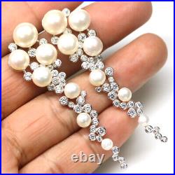 White Pearl & Cubic Zirconia Drop Earrings 925 Sterling Silver White Gold Plated