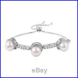Women's 925 Sterling Silver White Cubic Zircon CZ Pearl Bolo Tennis Bracelet