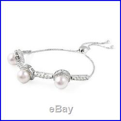 Women's 925 Sterling Silver White Cubic Zircon CZ Pearl Bolo Tennis Bracelet