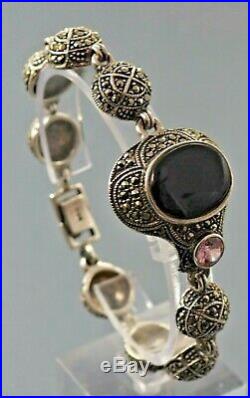 Womens Bracelet Blcak Onyx Cubic Zirconia & Marcasites Sterling Silver VINTAGE