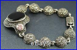 Womens Bracelet Blcak Onyx Cubic Zirconia & Marcasites Sterling Silver VINTAGE